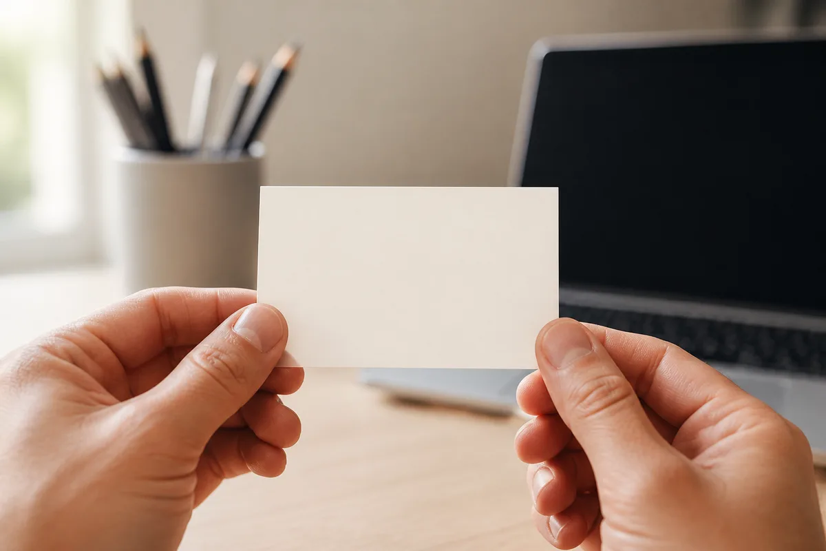 Mains d&rsquo;adulte tenant une carte de visite vierge au-dessus d&rsquo;un plan de travail en bois clair
