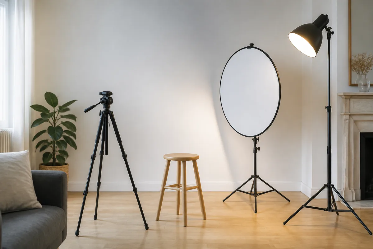 Coin de studio photo improvisé dans un salon avec trépied, réflecteur blanc et tabouret devant un mur clair