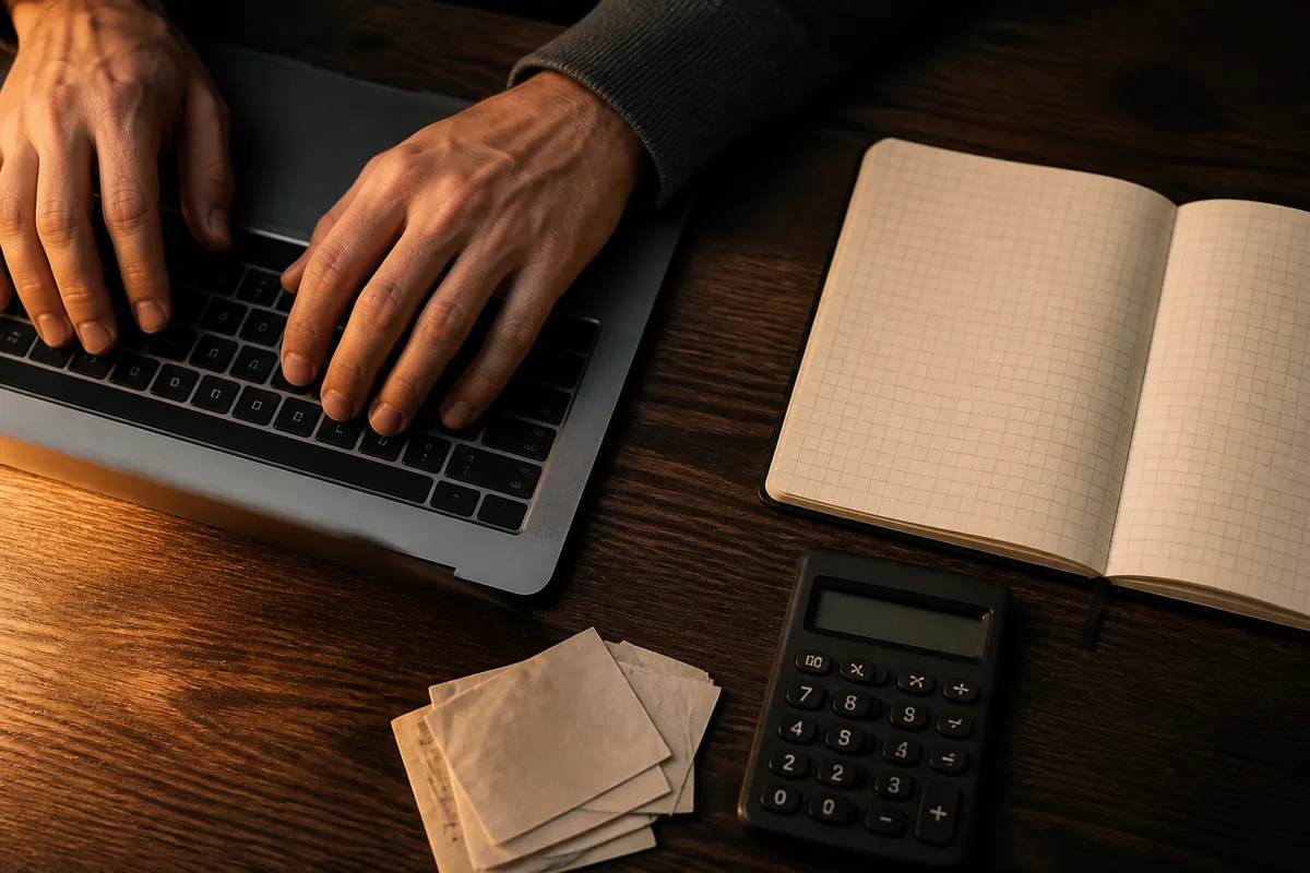 Mains posées sur un clavier d&rsquo;ordinateur portable à côté d&rsquo;un agenda papier ouvert et d&rsquo;une calculatrice
