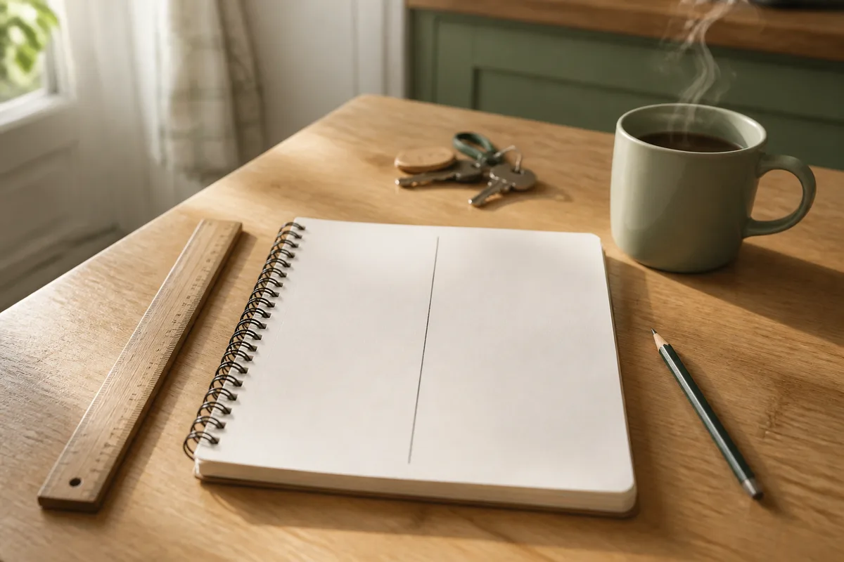 Table de cuisine en bois clair avec carnet ouvert aux colonnes vierges tracées à la main, crayon et mug fumant