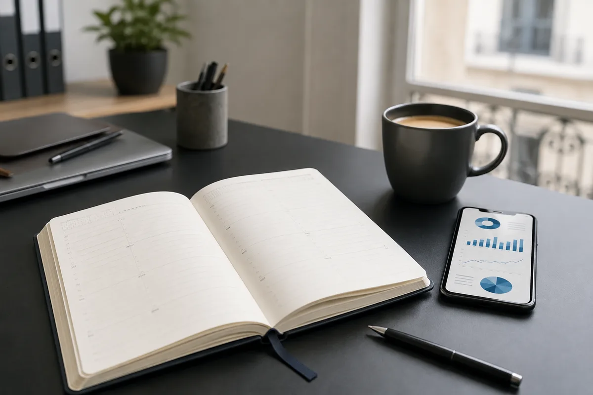 Bureau avec un agenda ouvert, une tasse de café et un téléphone affichant un tableau de statistiques