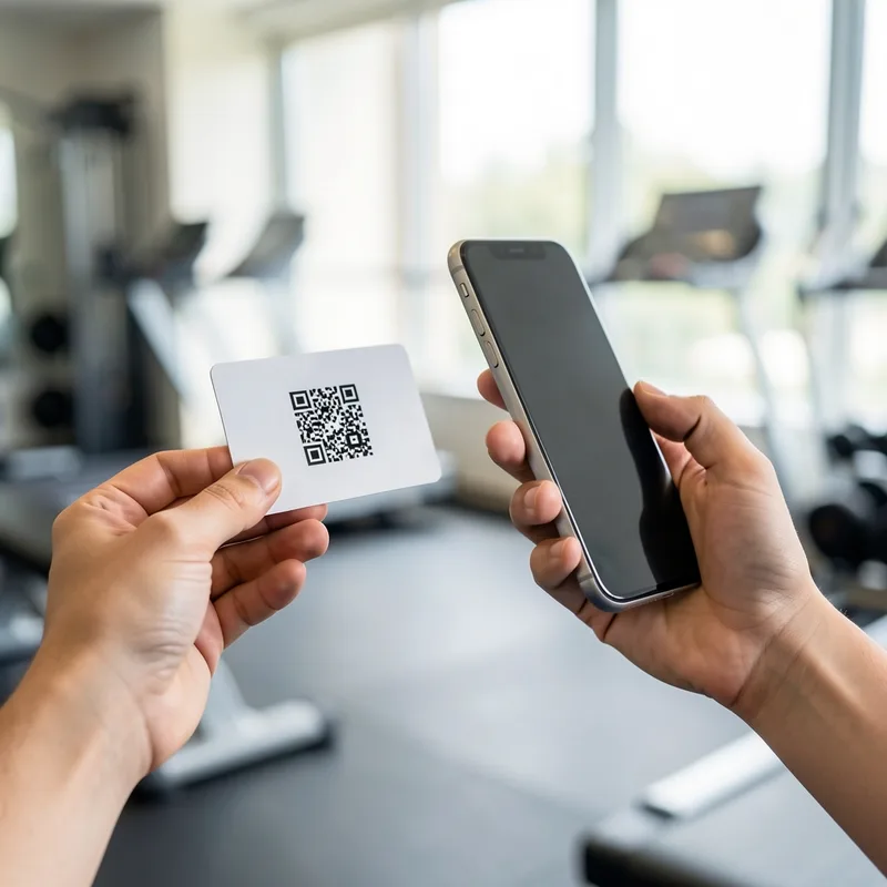 Mains tenant une carte professionnelle d&rsquo;éducateur sportif dont le code QR est scanné avec un smartphone
