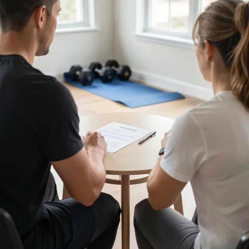 Coach et pratiquant assis face à face avec un questionnaire de santé et un contrat posés sur la table