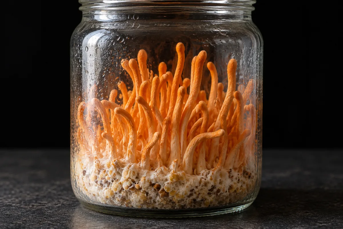 Champignons cordyceps orange poussant en touffe sur un substrat clair dans un bocal en verre
