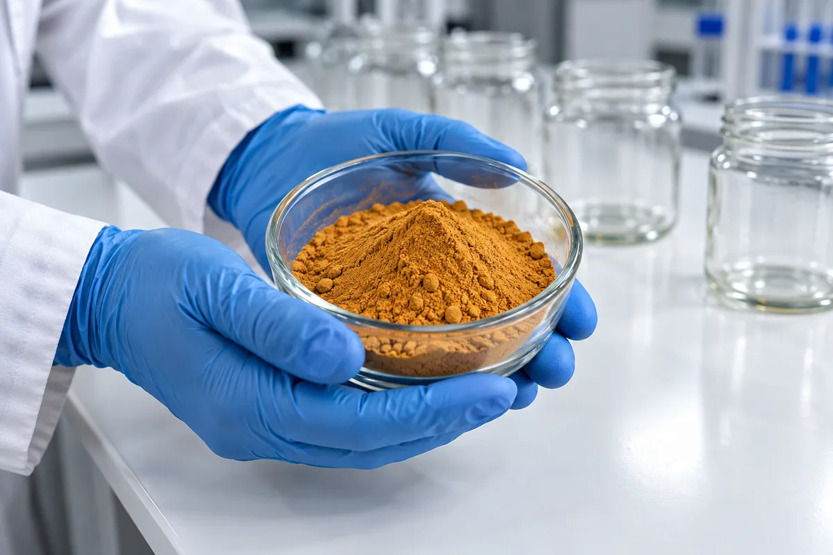 Mains gantées de bleu tenant une coupelle de poudre ocre au-dessus d&rsquo;une paillasse blanche
