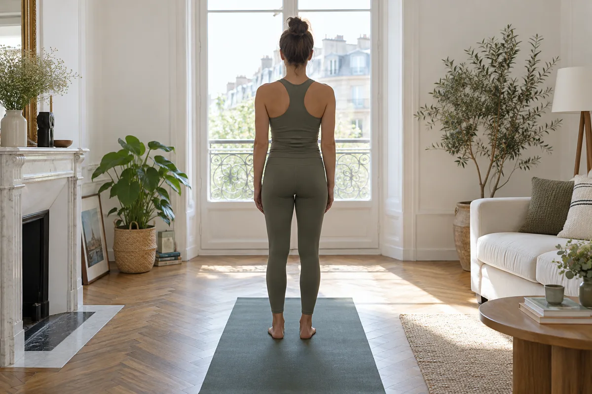 Personne vue de dos en posture de la montagne sur un tapis, dans un salon clair