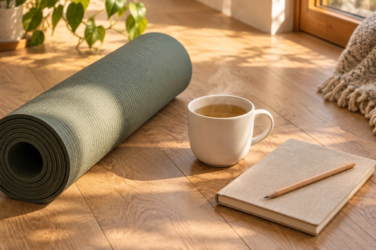 Tasse de tisane et carnet posés à côté d&rsquo;un tapis de yoga roulé