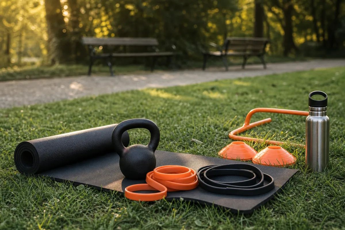 Coach sportif préparant tapis et élastiques dans un parc urbain français en fin de journée