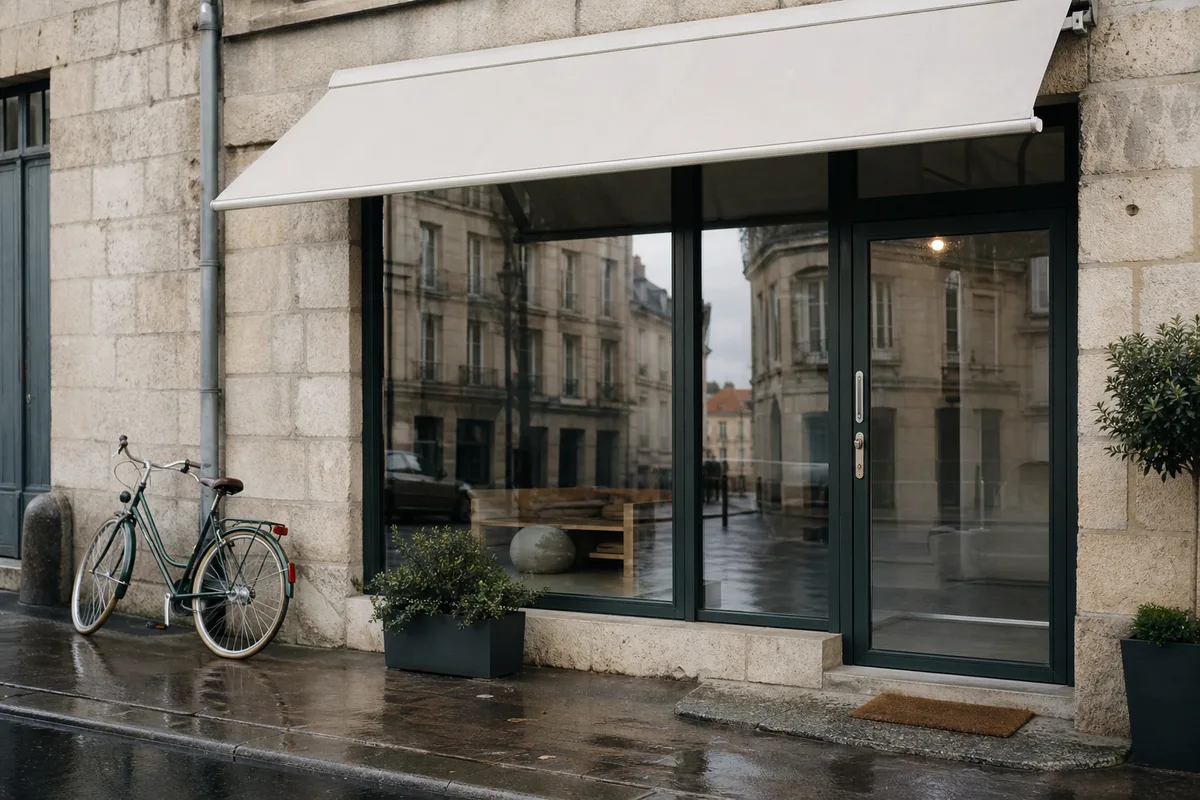 Vitrine d’un petit studio de coaching sportif de quartier avec un vélo appuyé au mur