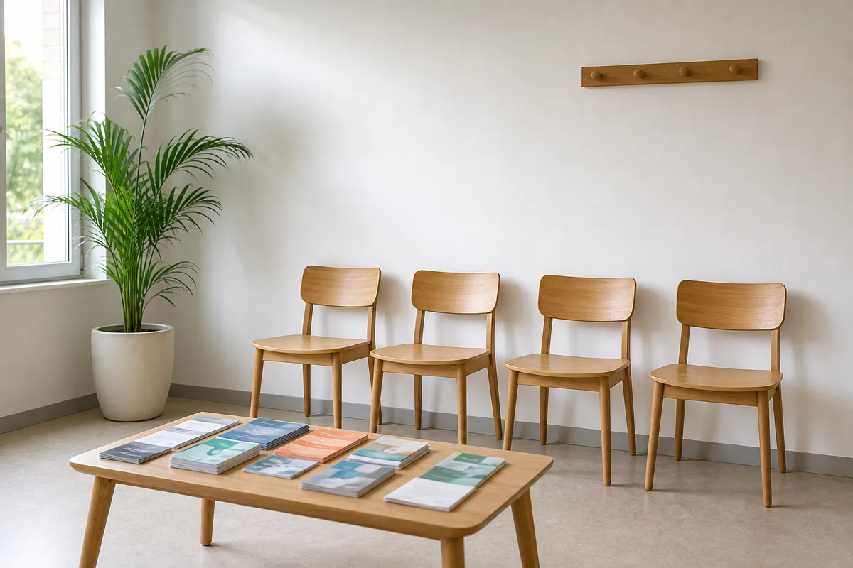 Salle d’attente lumineuse d’un cabinet de kinésithérapie avec brochures santé et plantes vertes
