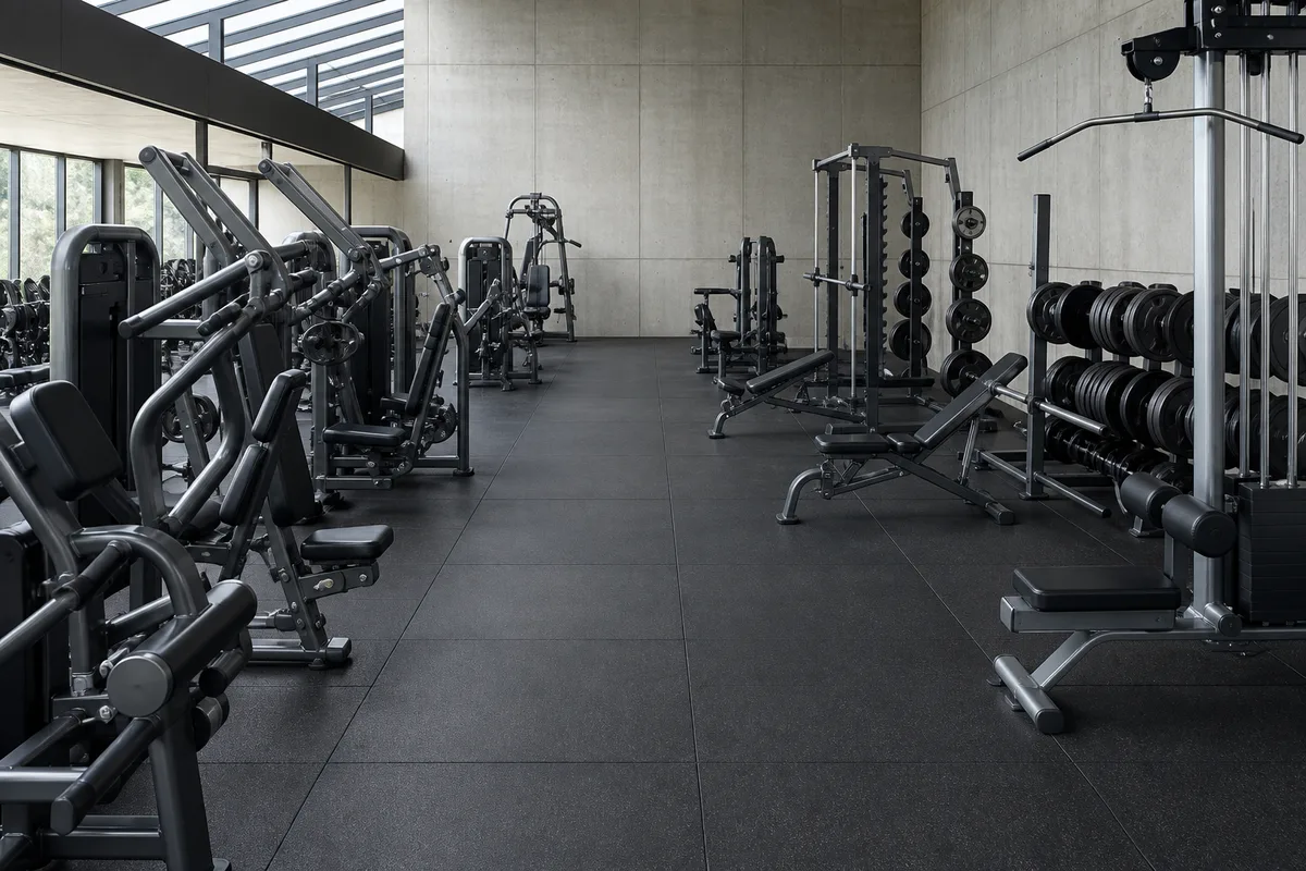 Plateau de musculation vide au petit matin, machines aux carénages unis et sol caoutchouc gris sous une lumière rasante
