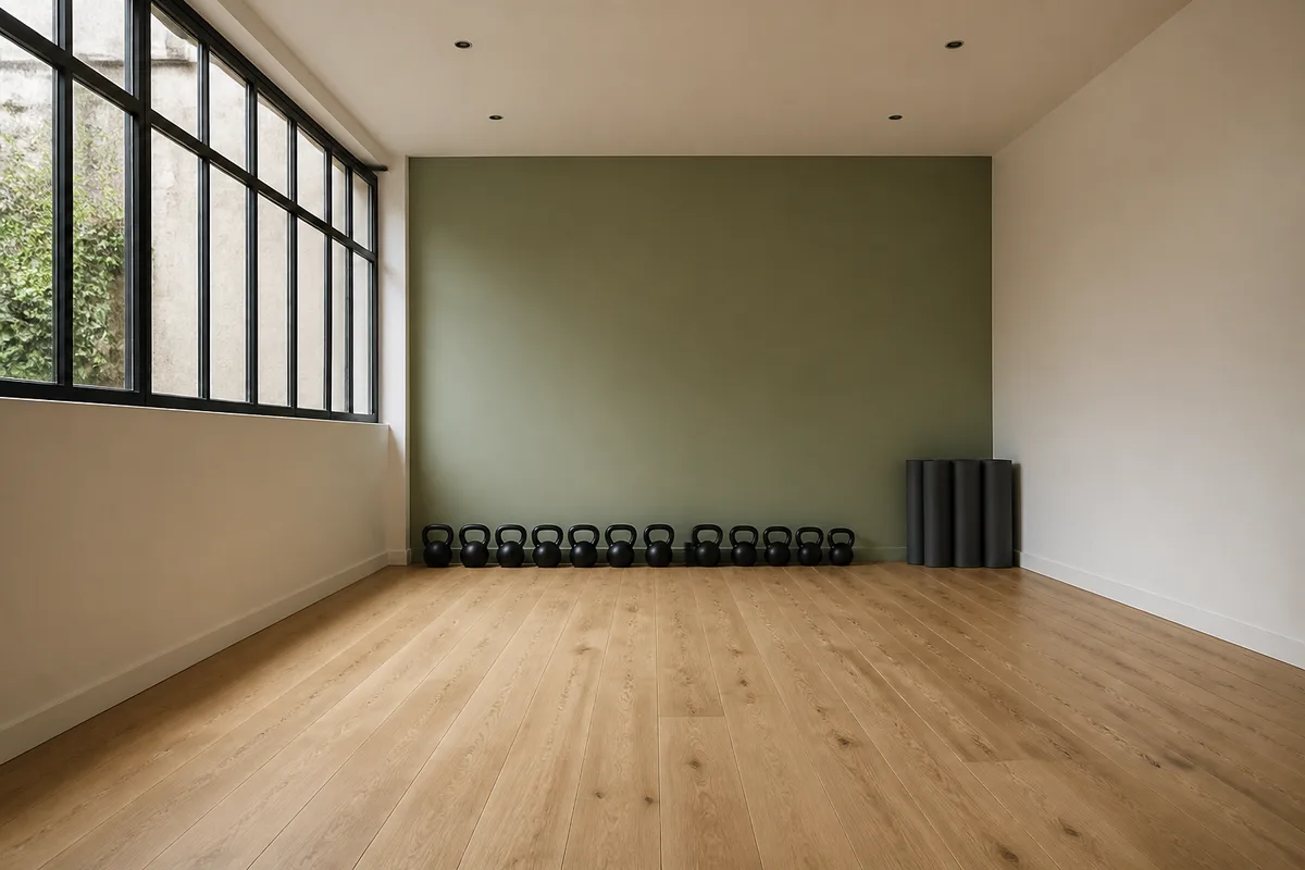 Studio de coaching de petite surface, murs unis, kettlebells alignés au sol et lumière naturelle par une verrière