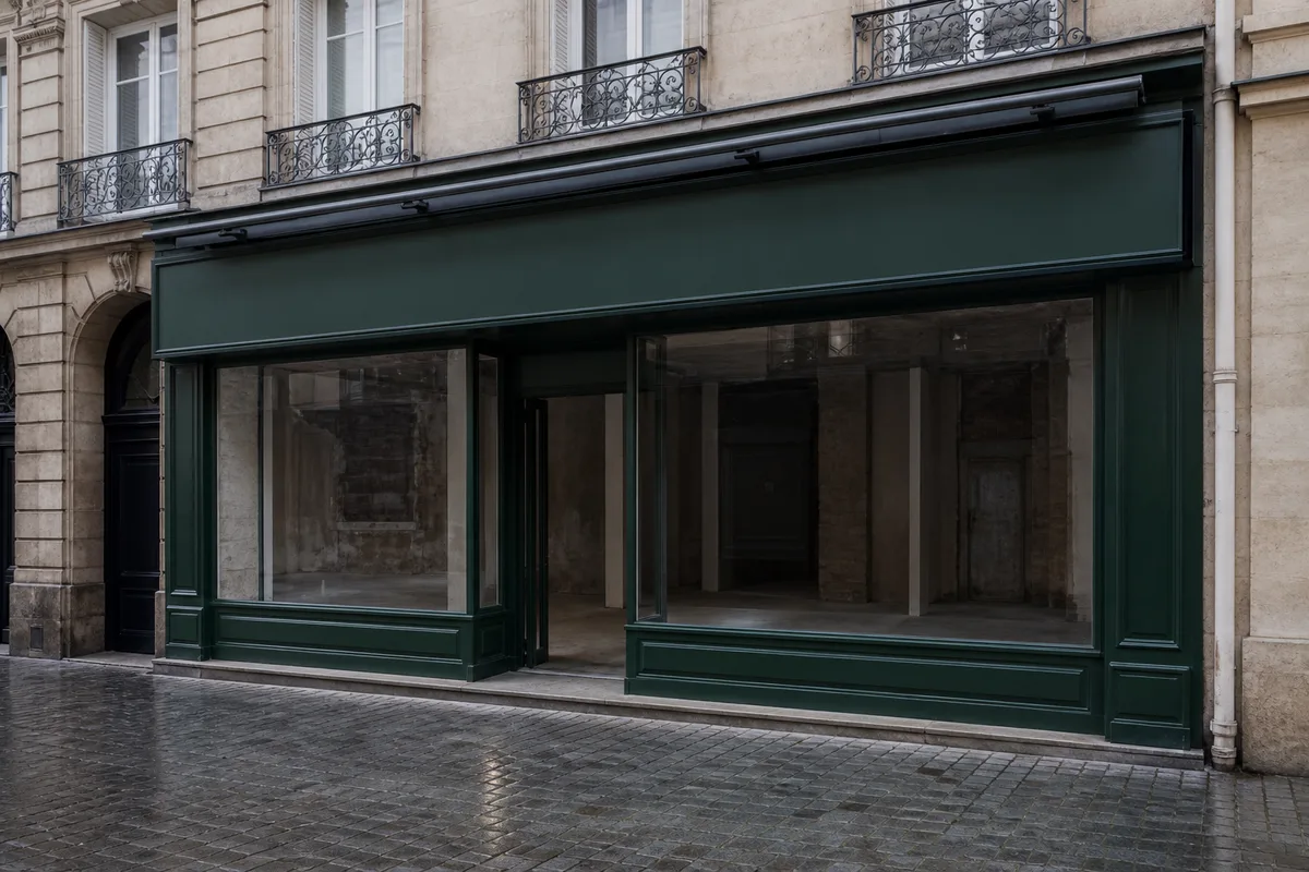 Façade vitrée d’un local commercial vide en centre-ville français, store relevé et trottoir humide au petit matin