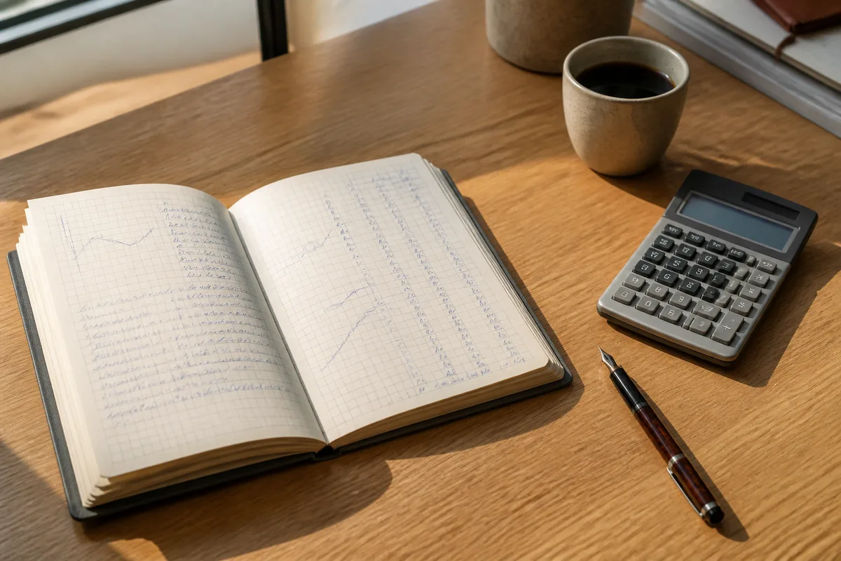 Carnet de suivi ouvert avec courbes manuscrites et calculatrice posés sur un comptoir en bois clair