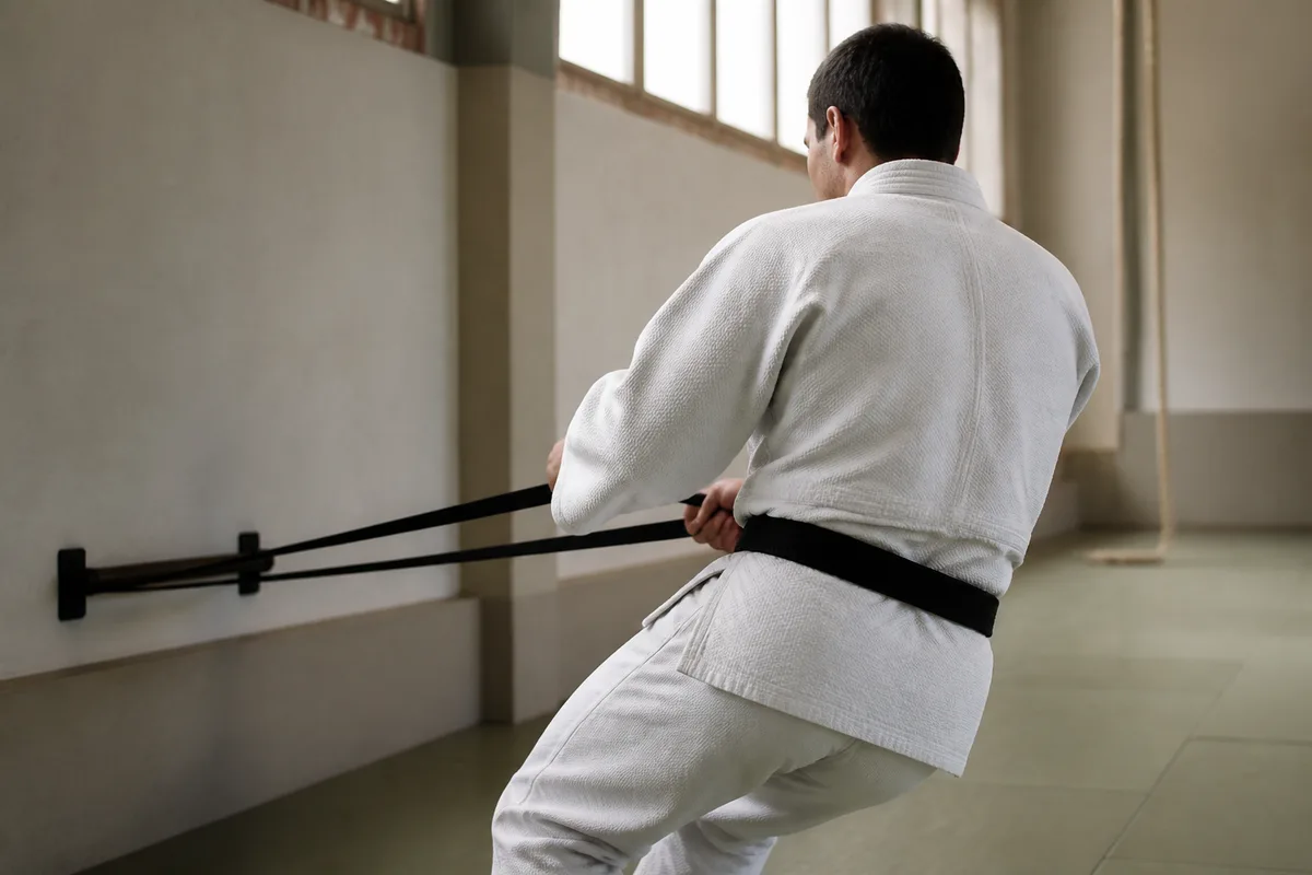 Judoka de dos tirant sur des élastiques fixés au mur dans un dojo aux tatamis unis