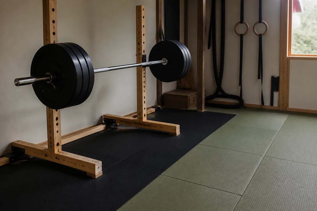 Barre de musculation chargée posée sur un rack en bois clair au bord d&rsquo;un tapis de dojo
