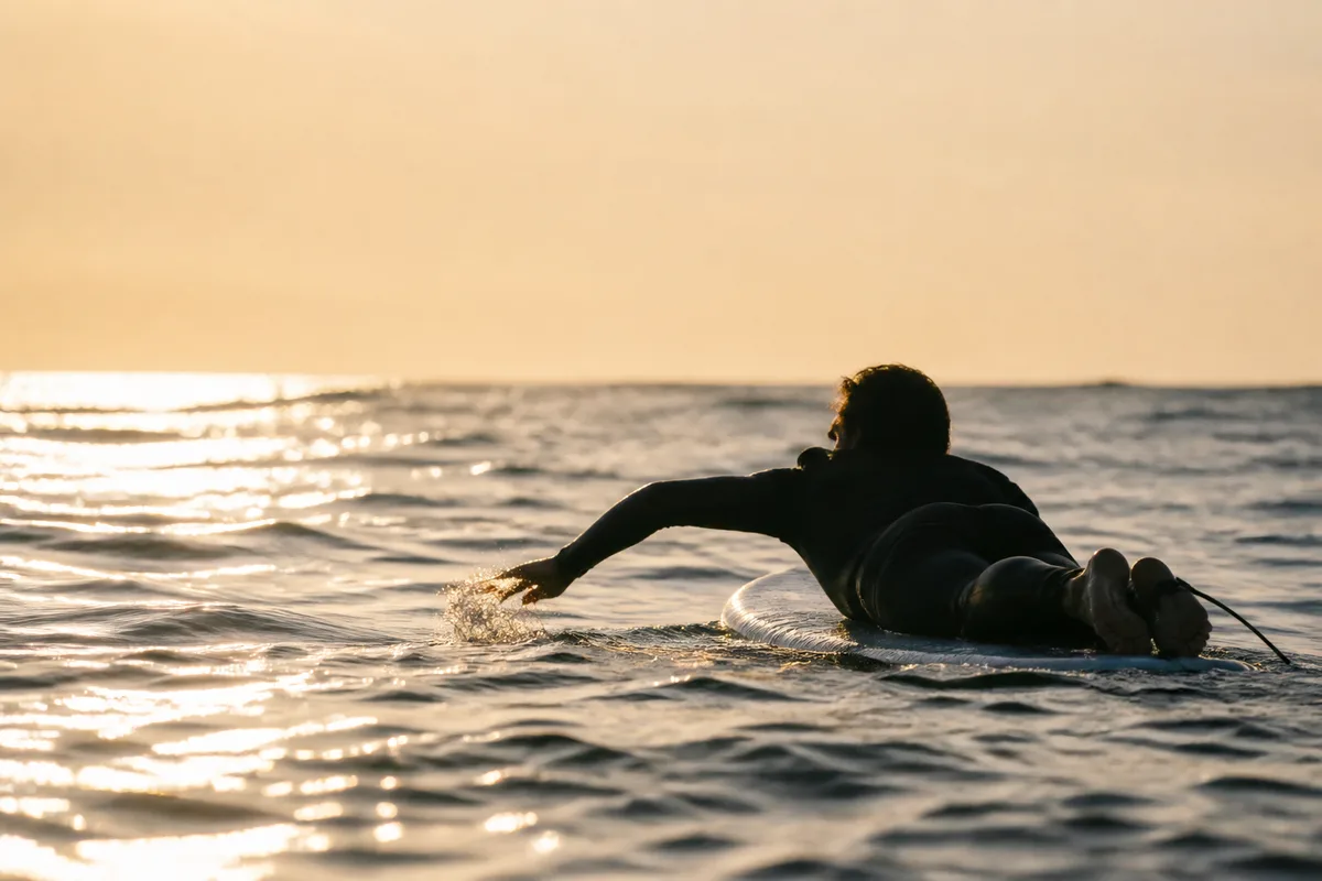 Silhouette d&rsquo;un surfeur ramant à plat ventre sur une planche unie au large, vue de dos en fin de journée
