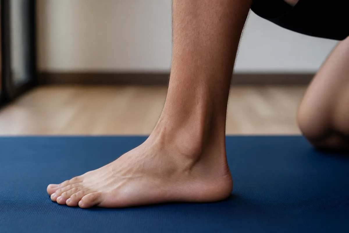 Vue rapprochée d&rsquo;un pied nu et d&rsquo;une cheville en flexion profonde sur un tapis d&rsquo;entraînement uni
