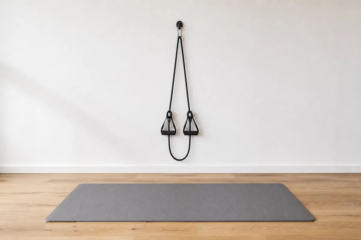 Élastique de résistance fixé à un mur clair dans une salle d&rsquo;entraînement, tapis uni déroulé au sol