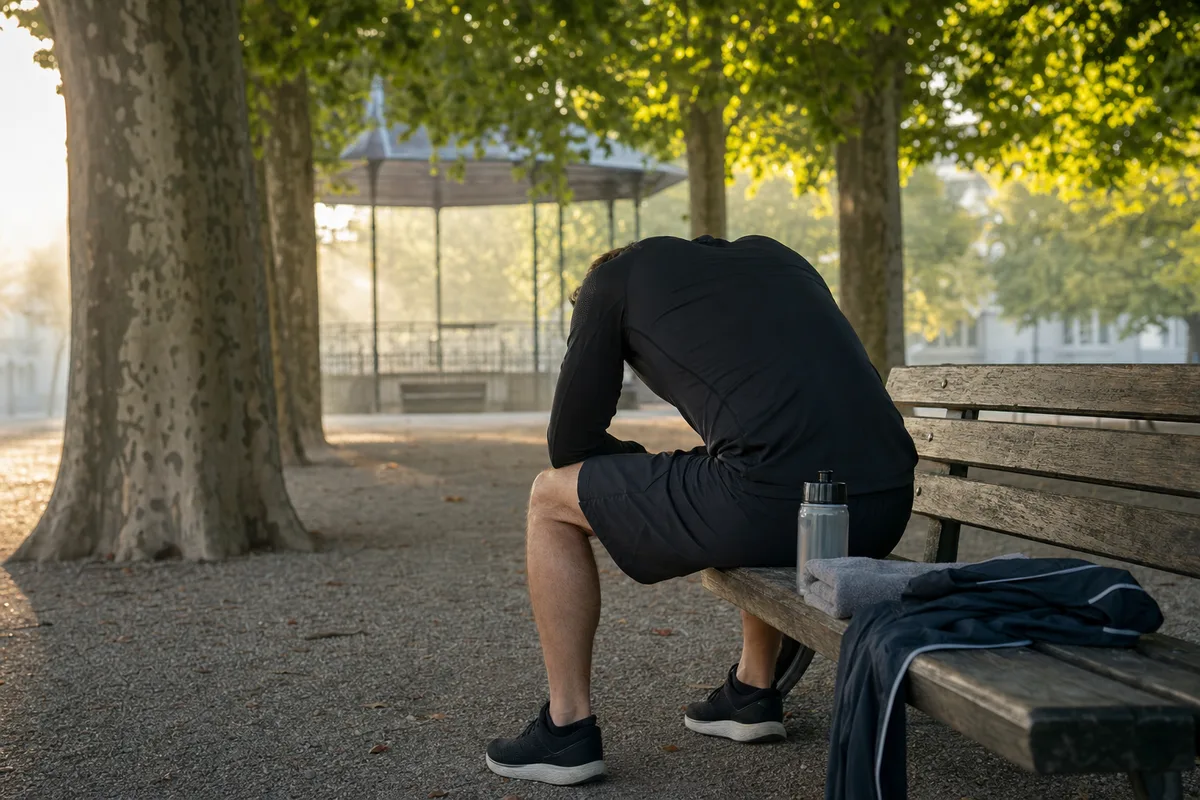 Coureur assis sur un banc de parc au lever du jour, gourde et serviette posées à côté de lui