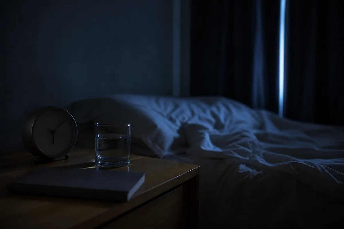 Chambre sobre plongée dans la pénombre avec réveil analogique sur une table de chevet en bois