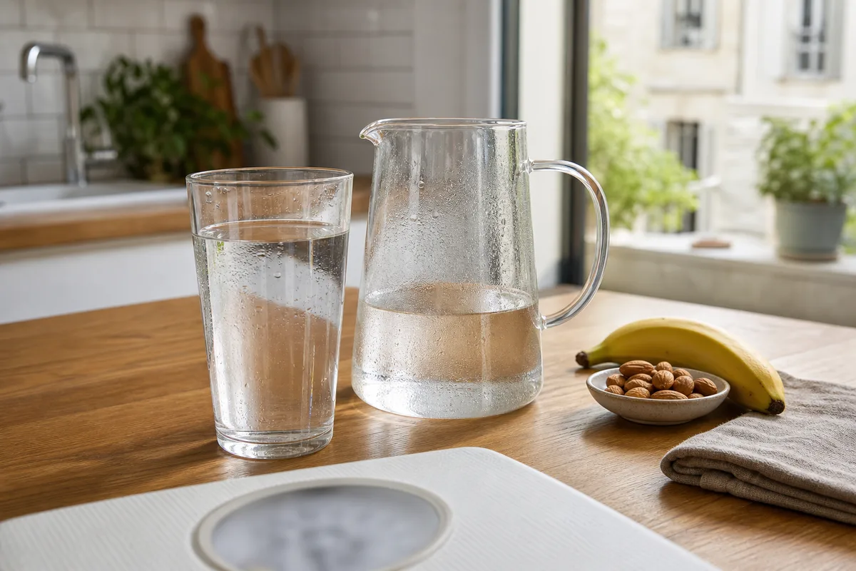 Verre d&rsquo;eau et pichet posés sur un plan de travail de cuisine à côté d&rsquo;un pèse-personne