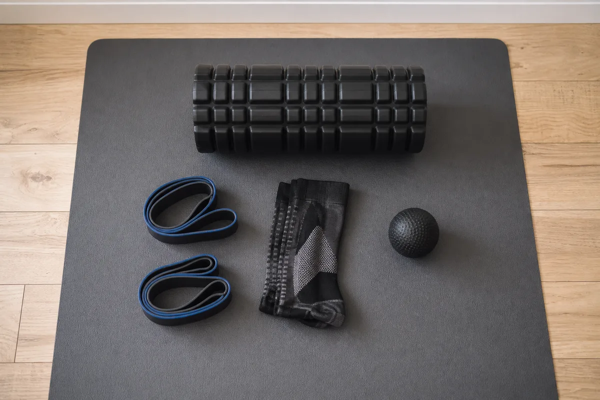 Rouleau de massage, bandes élastiques et chaussettes de compression posés sur un tapis de sol