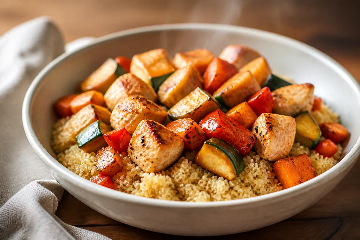 Bol de quinoa aux légumes rôtis et morceaux de poulet, repas simple de rééquilibrage