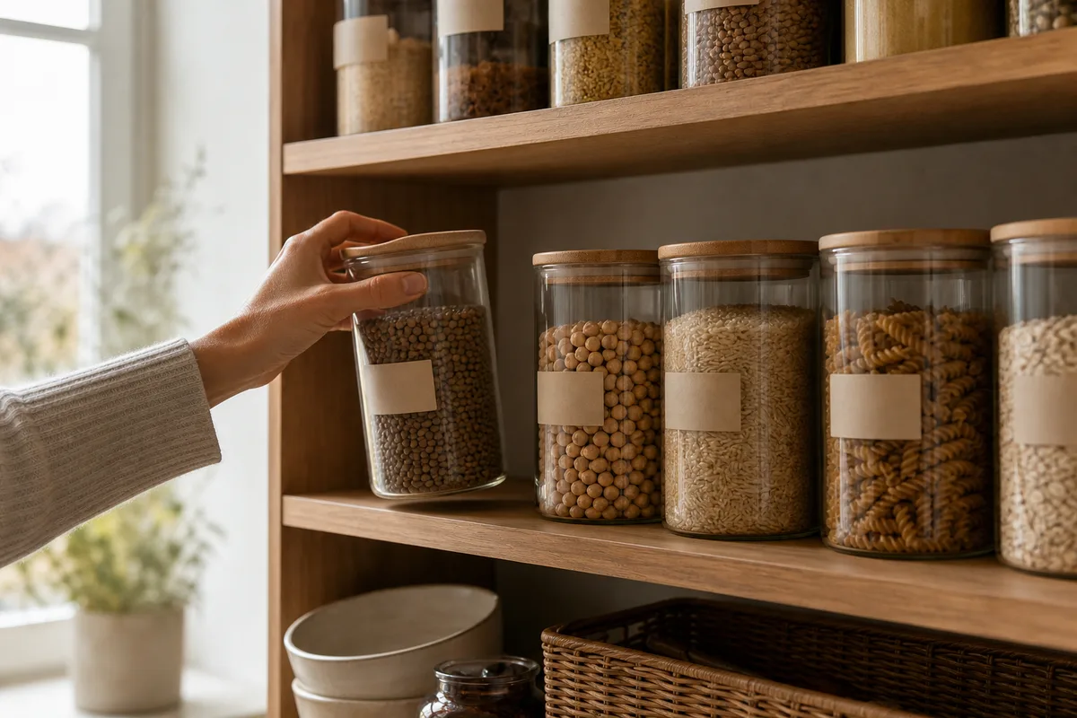 Placard organisé avec bocaux de lentilles, riz complet et pâtes complètes pour préparer les menus de la semaine