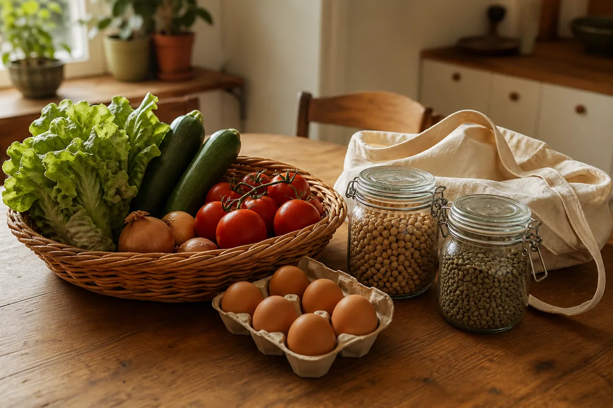 Panier de légumes de saison, œufs et bocaux de légumes secs sur une table de cuisine, menu simple et économique