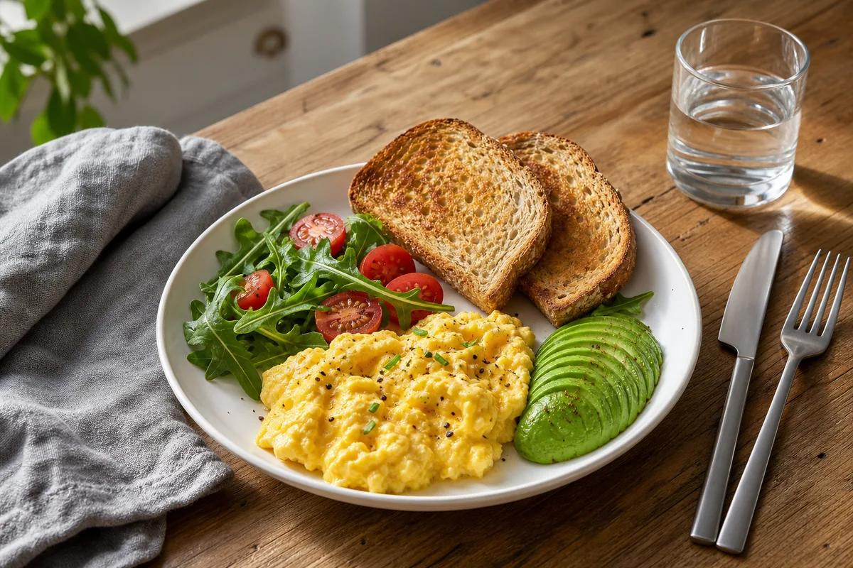 Assiette de petit déjeuner salé avec œufs et avocat sur une table en bois