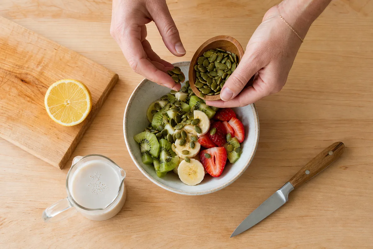 Mains préparant un bol de fruits frais et de graines en cuisine claire