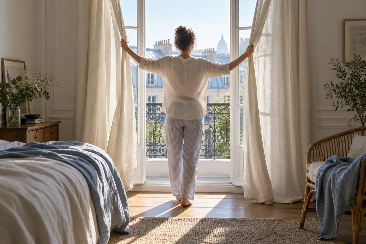 Personne vue de dos ouvrant les rideaux d&rsquo;une chambre sur un matin lumineux