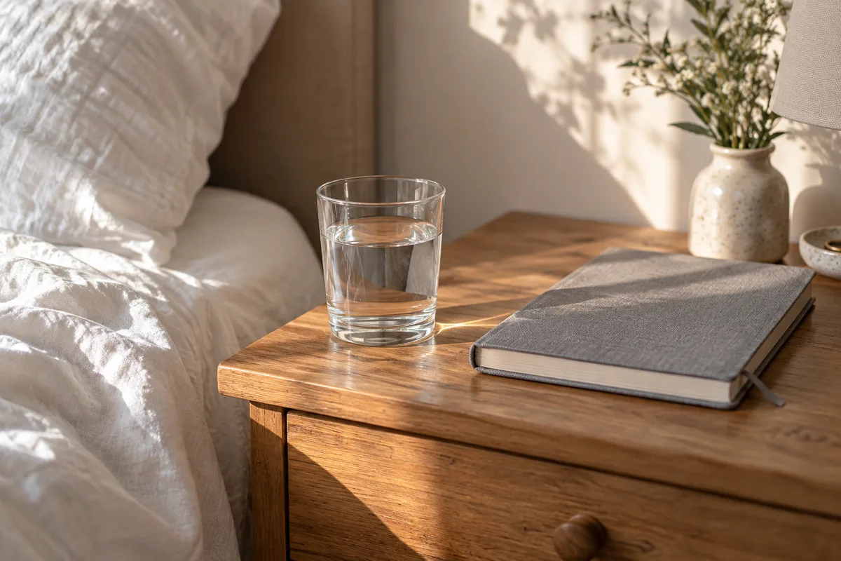 Verre d&rsquo;eau et agenda papier fermé posés sur une table de chevet en bois à la lumière du matin