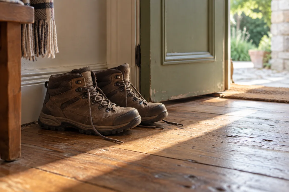 Chaussures de marche posées près d&rsquo;une porte d&rsquo;entrée au petit matin, lumière douce sur le parquet