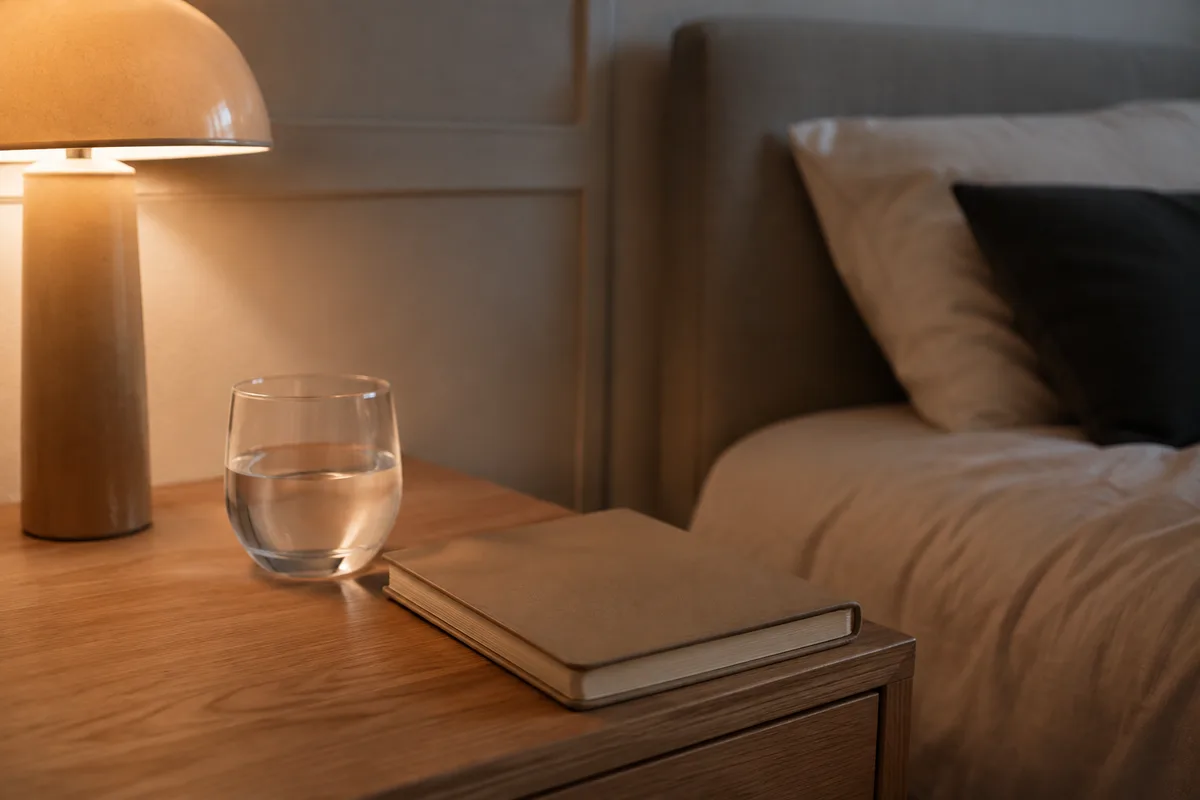 Verre d’eau et carnet posés sur une table de chevet en bois, lampe allumée en lumière chaude
