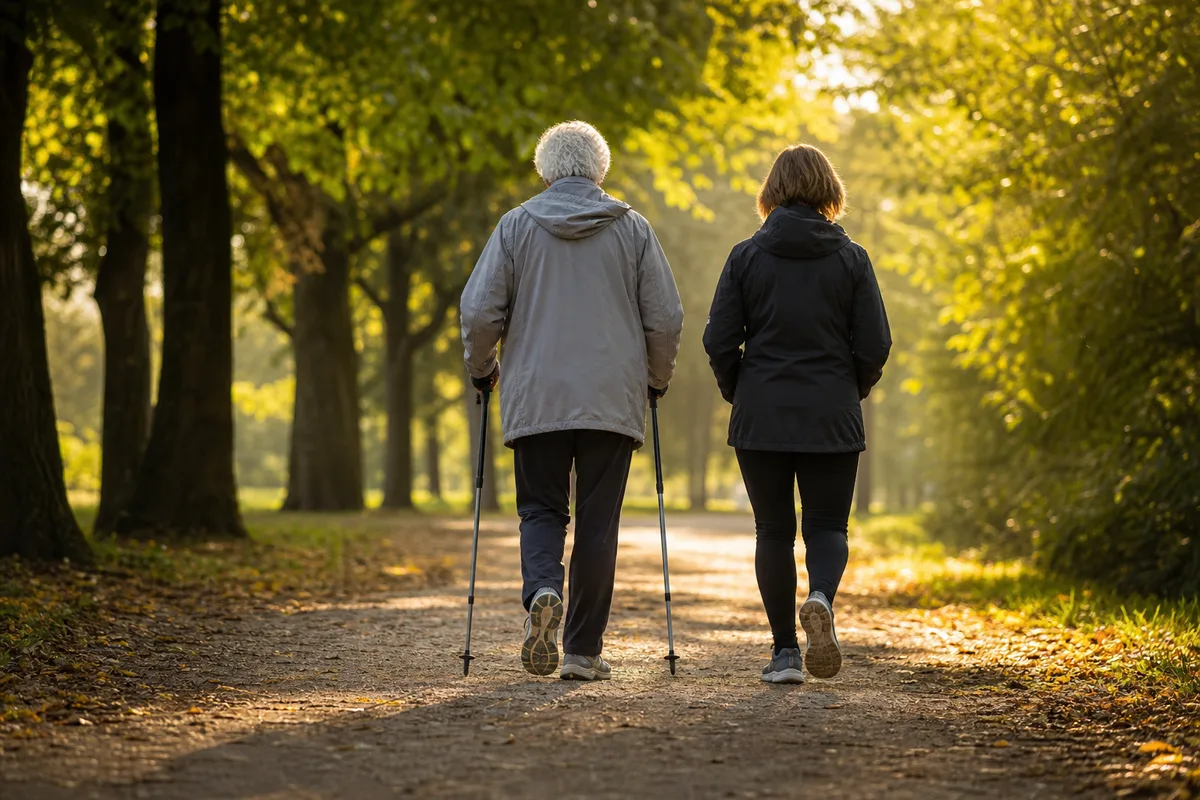 Coach sportif accompagnant une personne senior lors d&rsquo;une marche active en extérieur