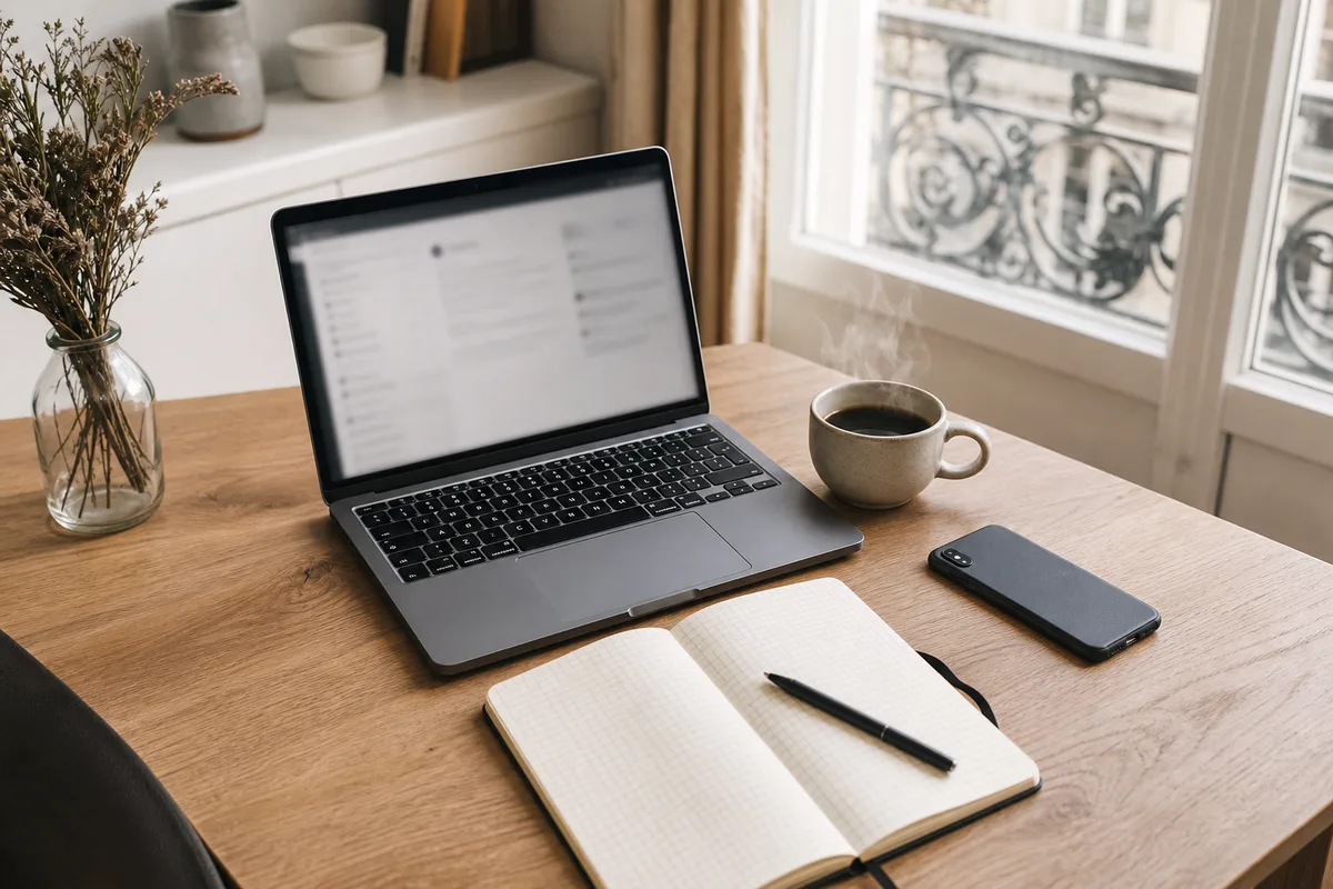 Bureau de coach avec ordinateur portable affichant un site professionnel, carnet de notes et tasse de café