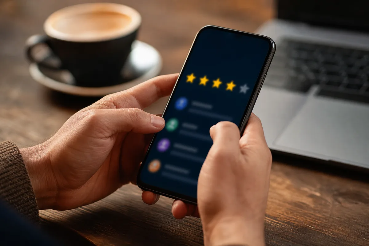 Mains tenant un smartphone affichant des étoiles de notation au-dessus d&rsquo;une table de travail