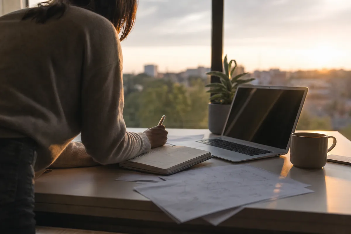 Silhouette d&rsquo;un coach travaillant sur un plan d&rsquo;action posé sur un bureau lumineux avec agenda et ordinateur