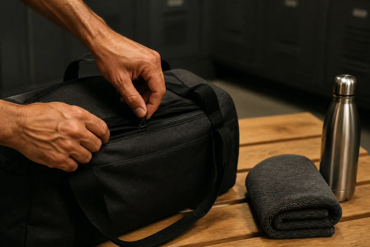 Mains refermant un sac de sport posé sur un banc de vestiaire en bois clair