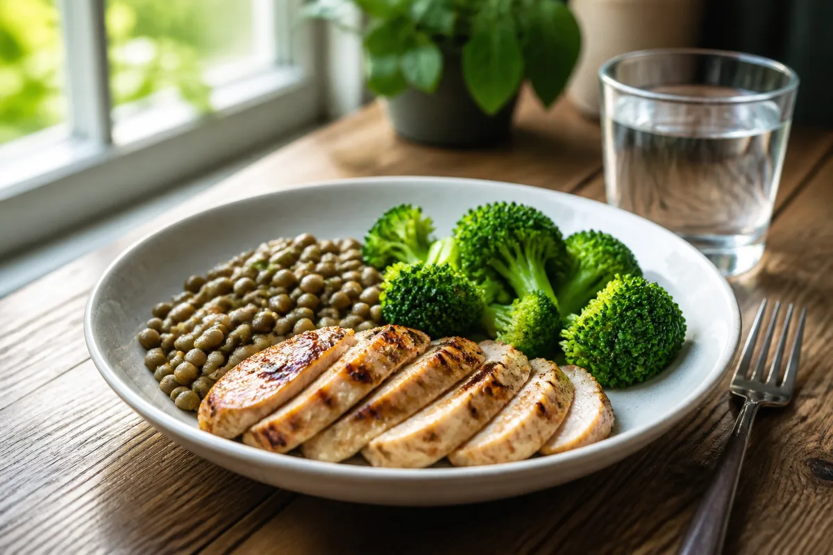 Assiette de blanc de poulet, lentilles et brocolis posée sur une table en bois près d&rsquo;une fenêtre