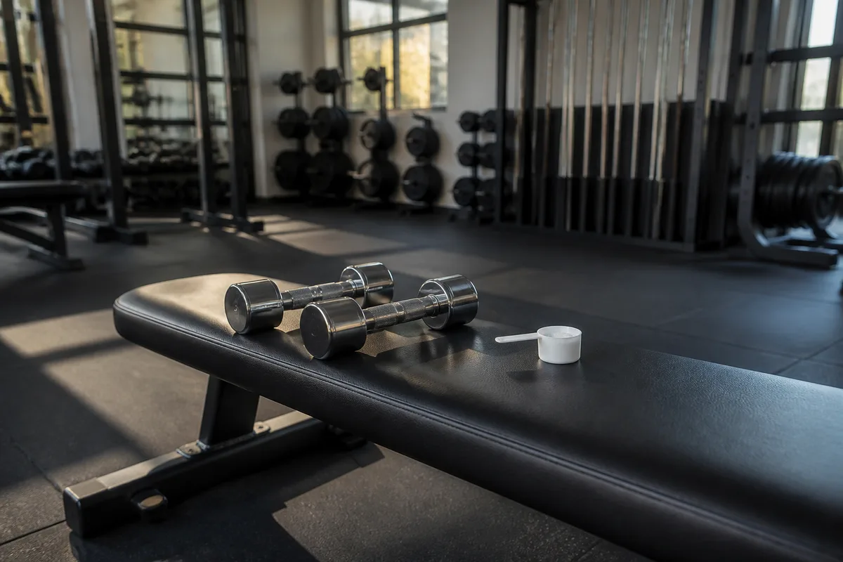 Rangée d&rsquo;haltères et cuillère doseuse unie sur un banc de musculation dans une salle éclairée en lumière naturelle